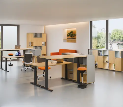 Fleximax 28-18 výškově nastavitelný stůl, kovová podnož stříbrná, deska 25 mm, široký 1800 mm, javor horský